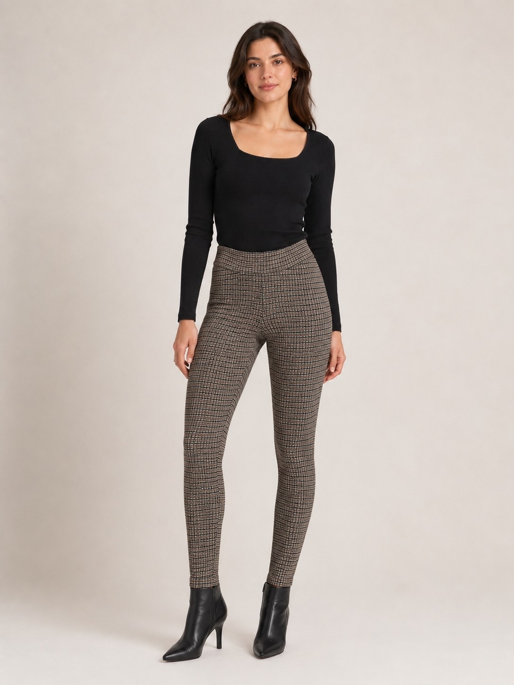 INC International Concepts Size Small Black & Tan Gingham Pull-on Pants/Leggings